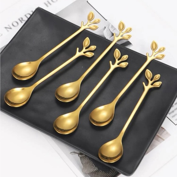 6 piece set leaf design Gold stainless steel mini spoons - Picture 1 of 3